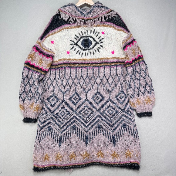 Pilcro Anthropologie Evil Eye Fringe Cardigan Sweater XS/S Boho Intarsia Knit - Picture 5 of 11